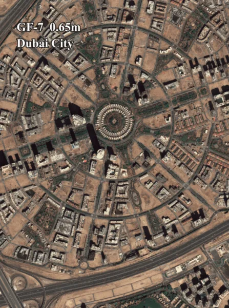 GF-7 satellite rendering Dubai city, UAE — Gaofen-7 65cm high resolution stereo optical satellite for DEM and 3D mapping — buy GF-7 satellite imagery from XRTech Group