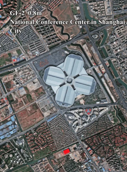 GF-2 Gaofen-2 satellite rendering National Conferences Center, Shanghai, China — 0.8m high resolution panchromatic multispectral optical Earth observation satellite — buy GF-2 satellite imagery from XRTech Group