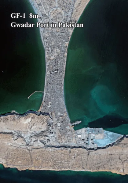 GF-1 Gaofen-1 satellite rendering Gwadar port Pakistan — 8m medium resolution wide area multispectral optical satellite for regional monitoring — buy GF-1 satellite imagery from XRTech Group