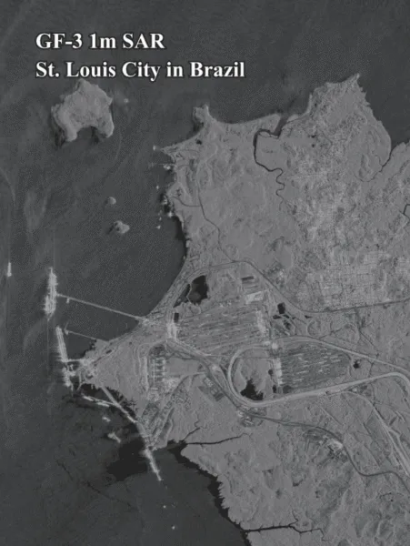 GF-3 Gaofen-3 C-band SAR satellite rendering St. Louis City Brazil — 1m synthetic aperture radar satellite for all-weather oil spill detection flood mapping and maritime monitoring — buy GF-3 SAR satellite imagery from XRTech Group