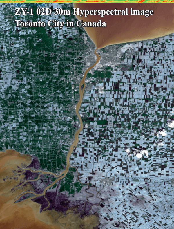 ZY-1 02D Ziyuan-1 hyperspectral and multispectral satellite rendering Toronto, Canada — VNIR SWIR WPM PanMUX IRS imaging satellite for mineral detection and land cover — buy ZY-1 02D satellite imagery from XRTech Group