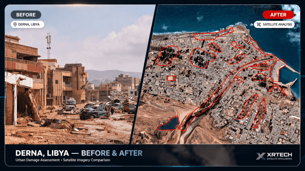 High resolution satellite imagery of Derna Libya flood damage 2023 — emergency optical earth observation data delivered in 24 hours by XRTech Group