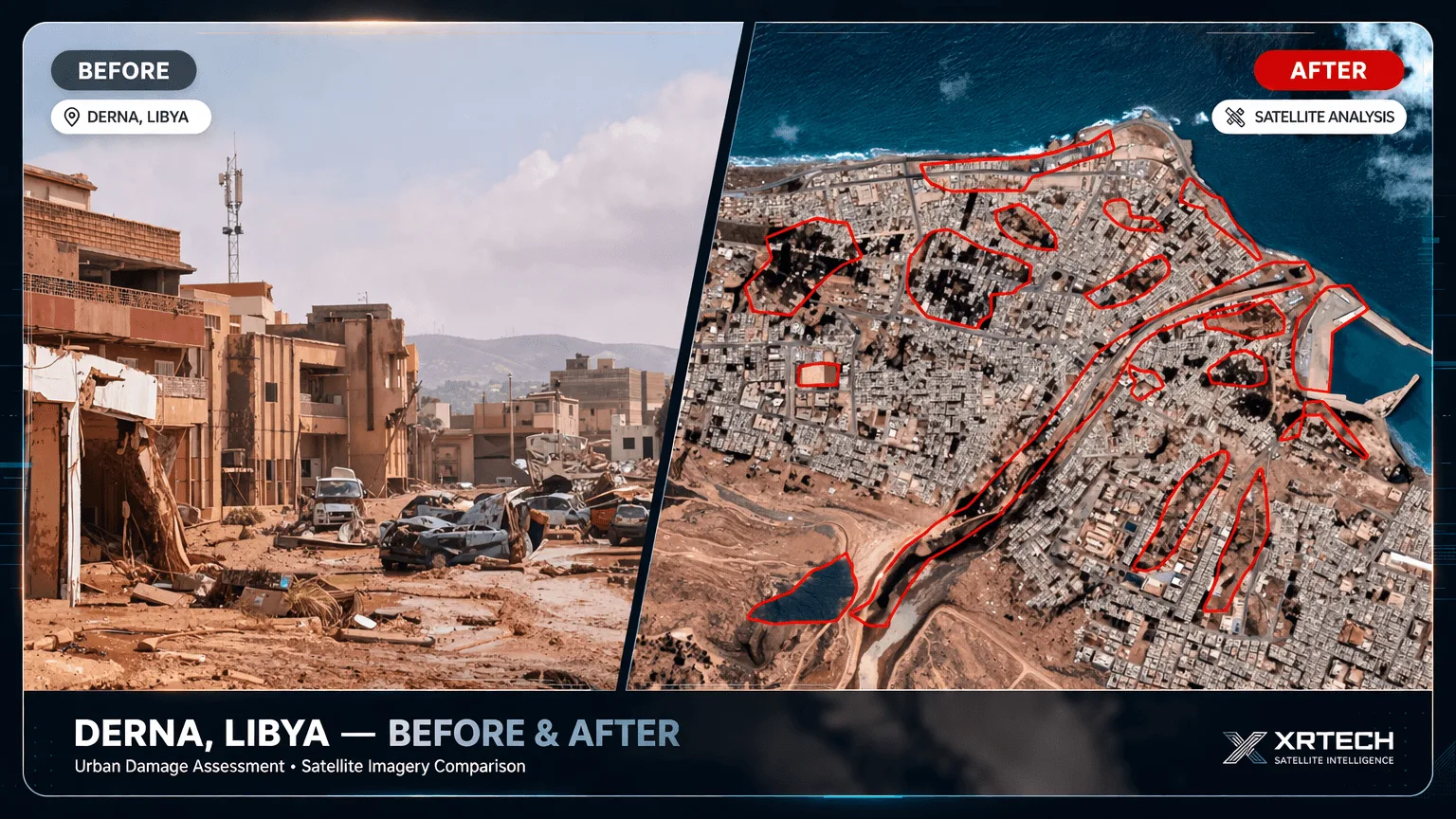 High resolution satellite imagery of Derna Libya flood damage 2023 — emergency optical earth observation data delivered in 24 hours by XRTech Group