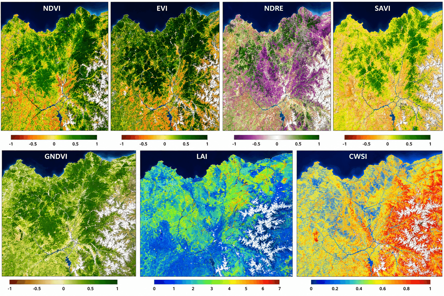 NDVI is the most common. EVI, NDRE, SAVI, GNDVI, LAI, and CWSI