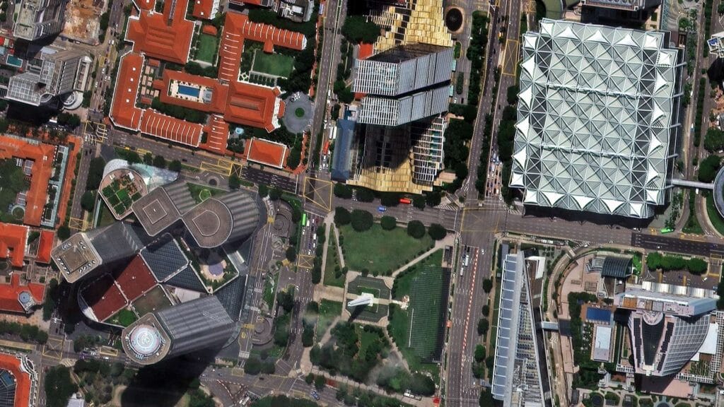 SuperView Neo-1 30cm satellite image of Raffles City, Singapore with buildings, roads and vehicles identifiable