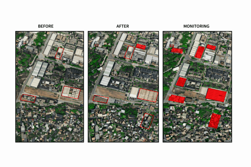 Before and after satellite images with detected changes highlighted