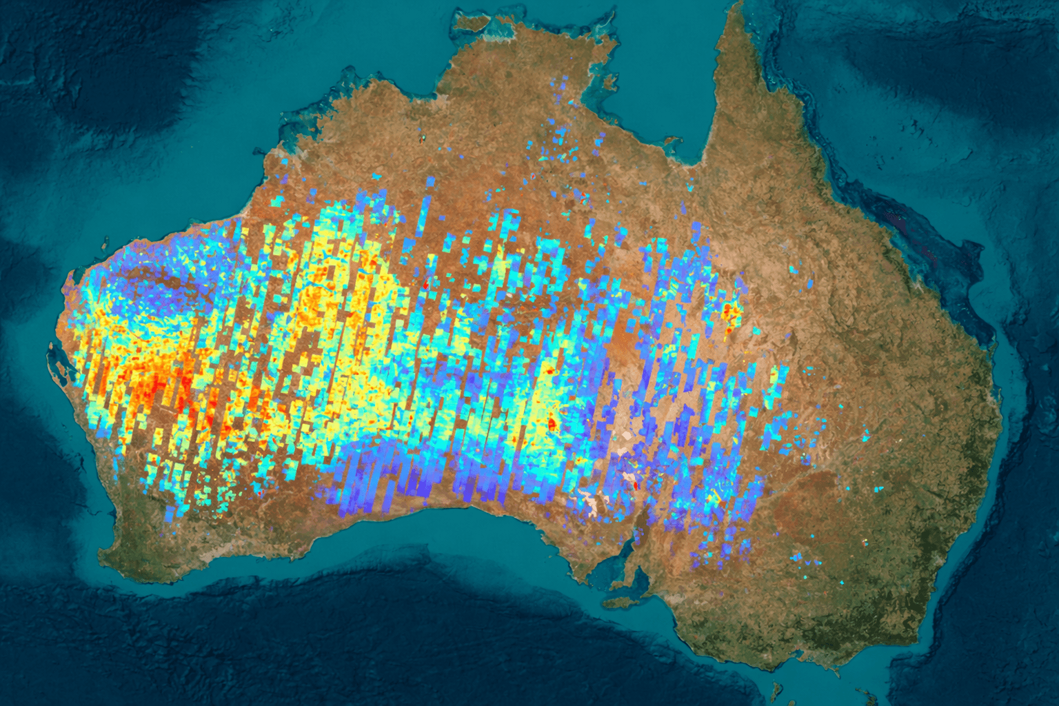 Hyperspectral satellite imagery showing mineral mapping of Australian outback for gold and lithium exploration