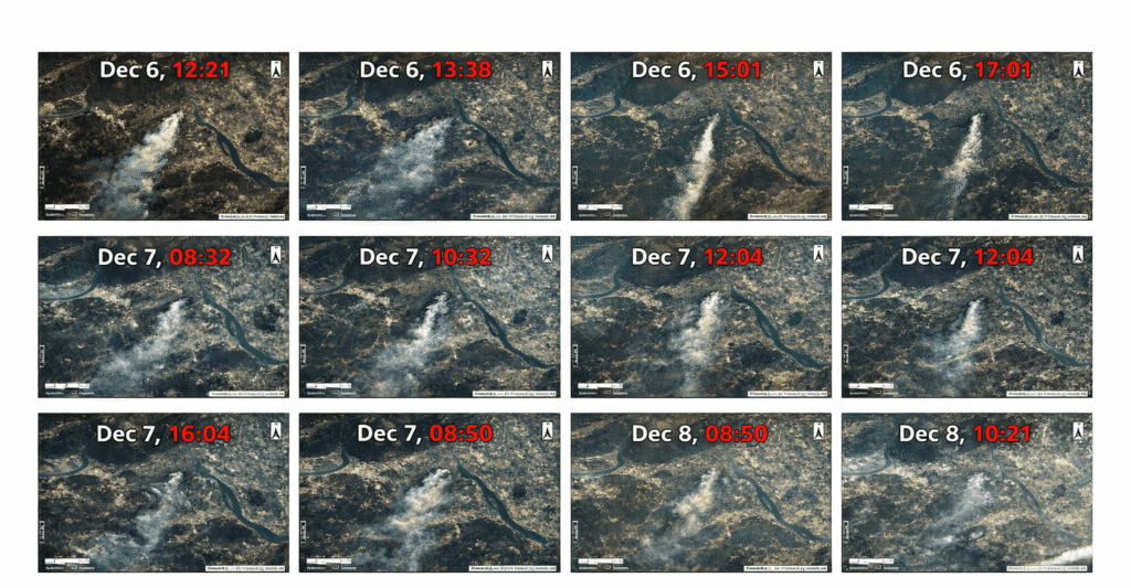 Gaofen-4 geostationary satellite images of a wildfire smoke plume in Gaoming District, Foshan, captured repeatedly over three days