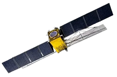 SAR satellite transmitting a radar signal toward a tailings dam