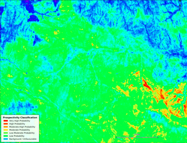 Gold prospectivity map of African exploration block showing colour-coded probability zones from Very High red through Background blue, XRTech Group Landsat analysis June 2026