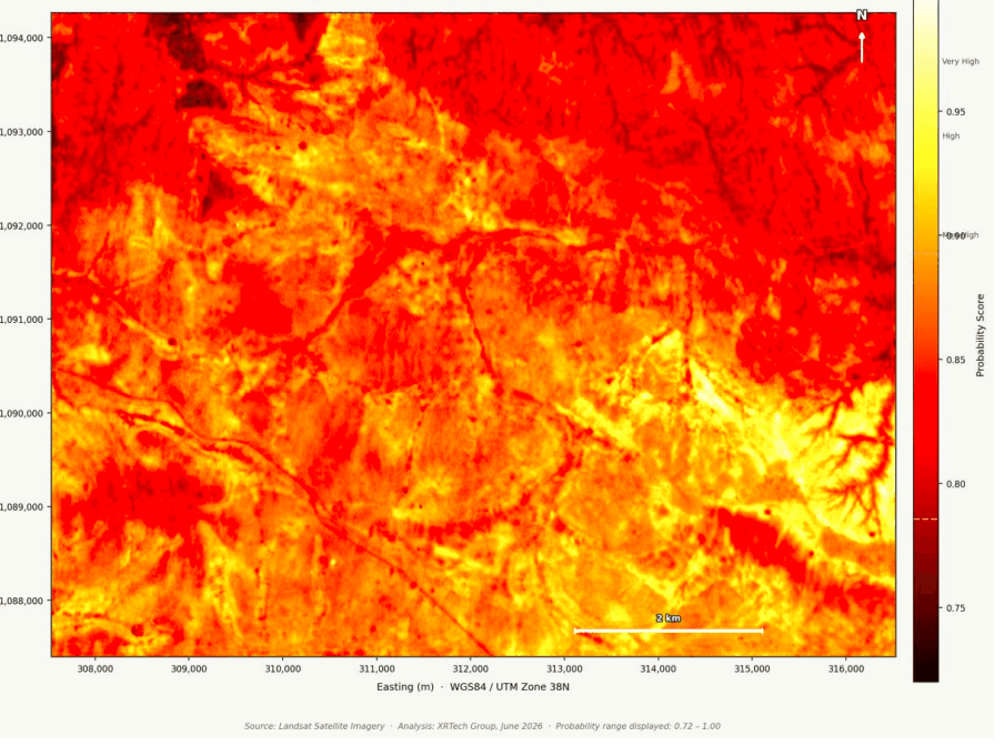 Raw probability surface map of gold prospectivity across African exploration block, dark tones low values 0.74, yellow and white tones high values 1.00, XRTech Group deep learning classification