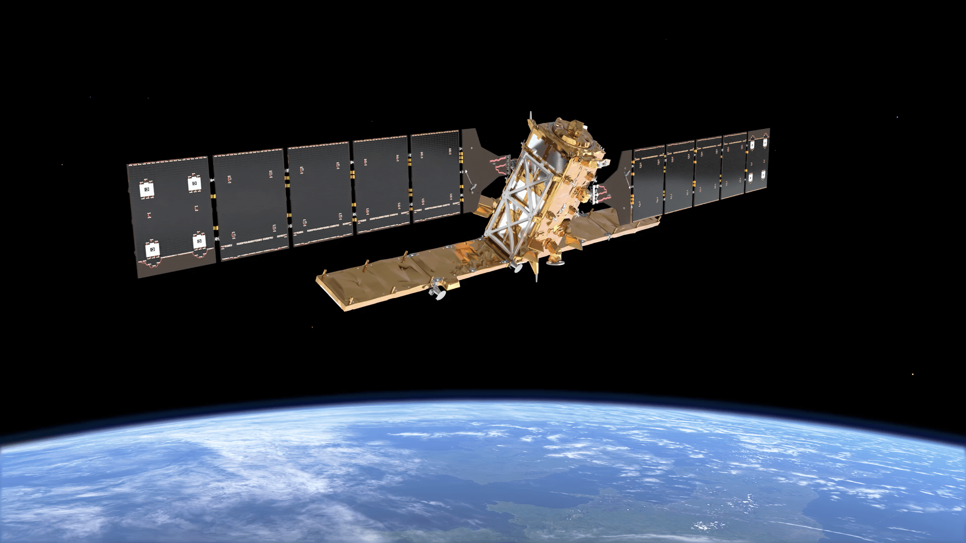 Artistic rendering of a Sentinel-1 C-band SAR radar satellite in sun-synchronous orbit