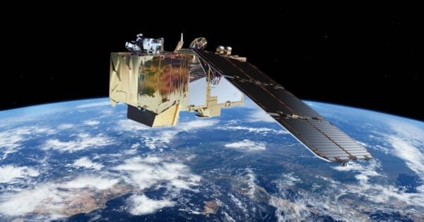 Sentinel-2 Earth observation satellite in orbit above Earth