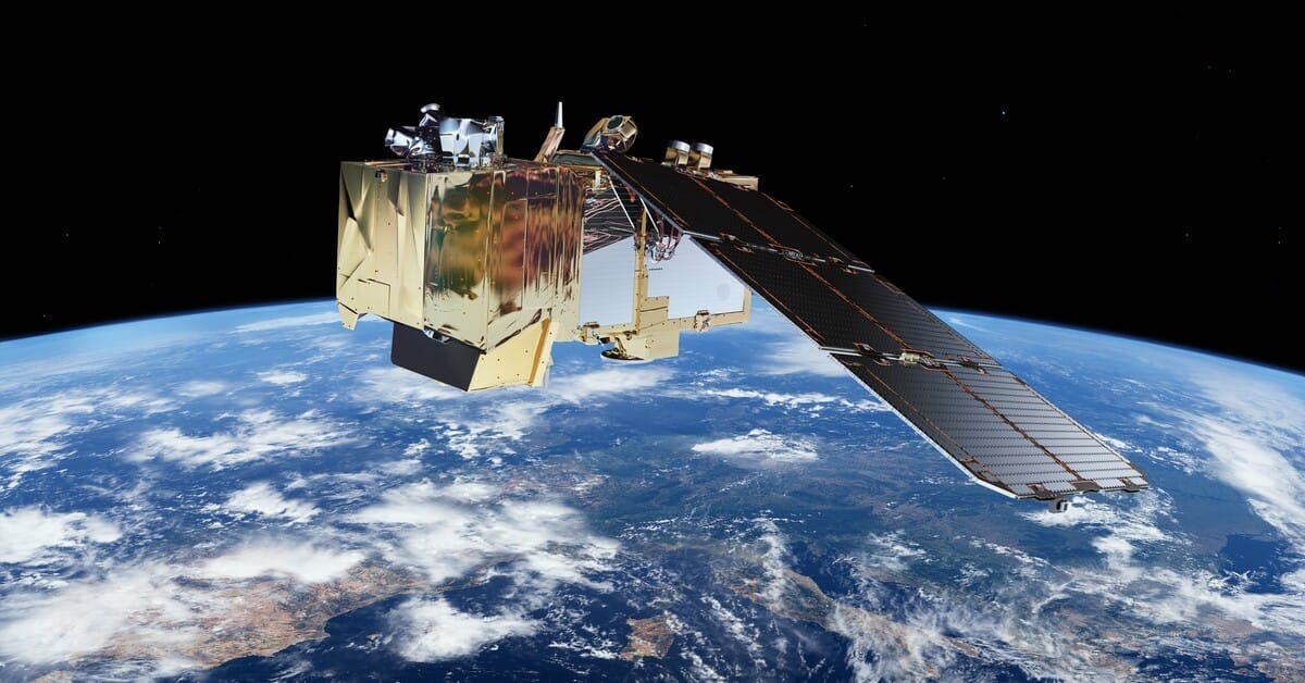 Artistic rendering of a Sentinel-2 multispectral imaging satellite in sun-synchronous orbit