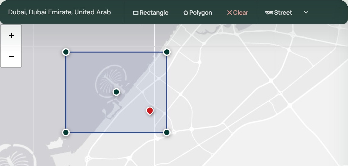XRTech satellite imagery platform map with a rectangle drawn over Dubai to select the area of interest for buying satellite imagery