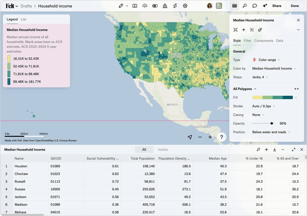 Felt web GIS map editor showing a county choropleth of median household income with a style panel and attribute table