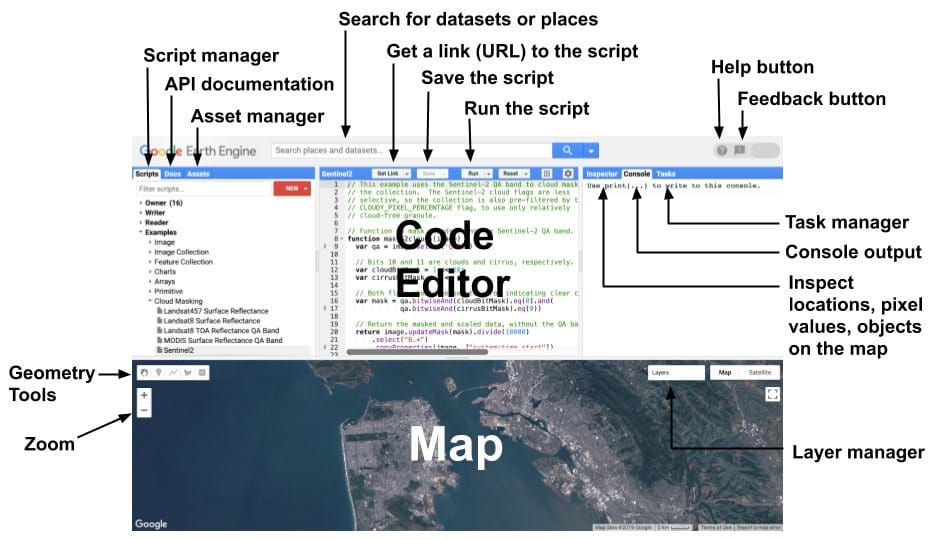 Google Earth Engine Code Editor with script manager, JavaScript editor, console and Sentinel-2 satellite map