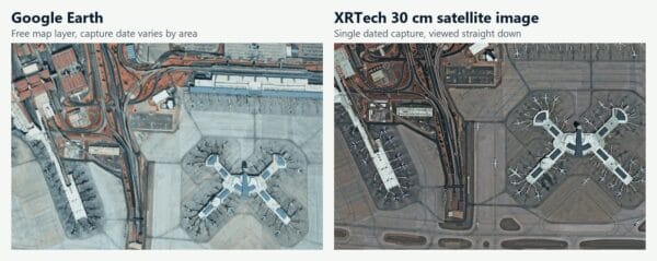 Side-by-side comparison of Harry Reid International Airport in Las Vegas: Google Earth map layer on the left and an XRTech 30 cm satellite image on the right