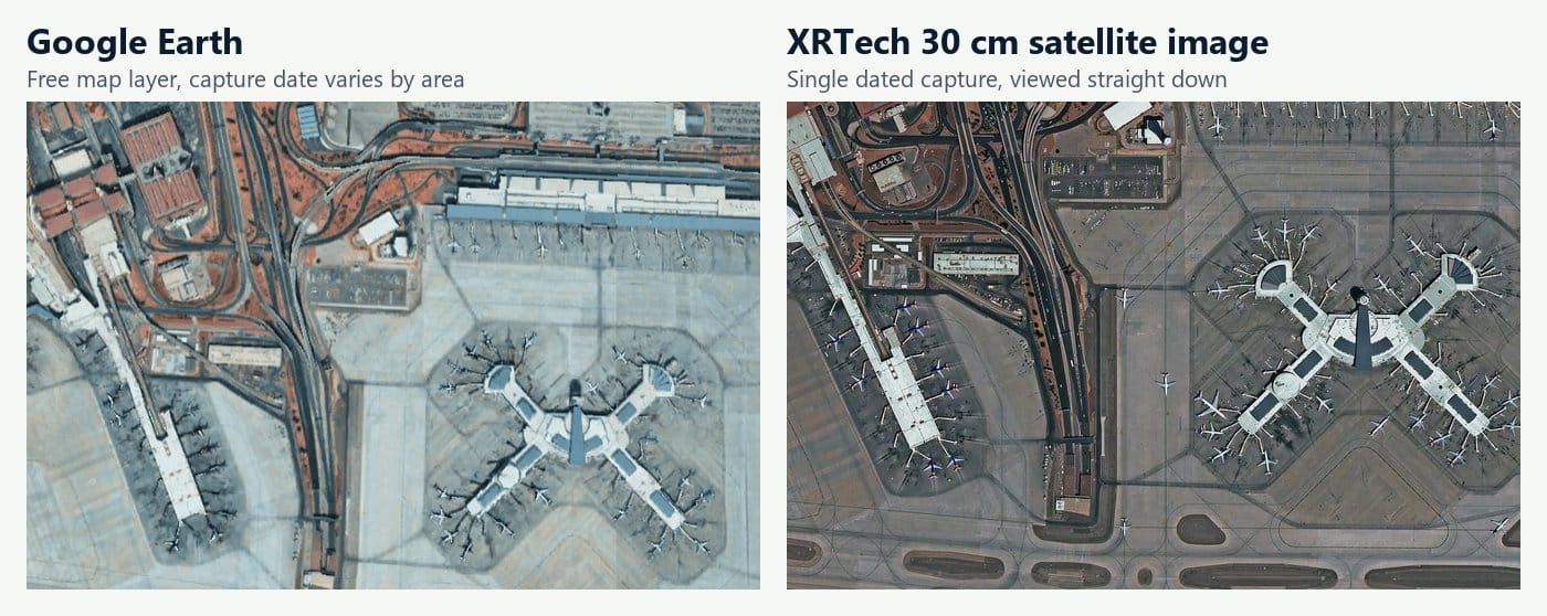 Side-by-side comparison of Harry Reid International Airport in Las Vegas: Google Earth map layer on the left and an XRTech 30 cm satellite image on the right