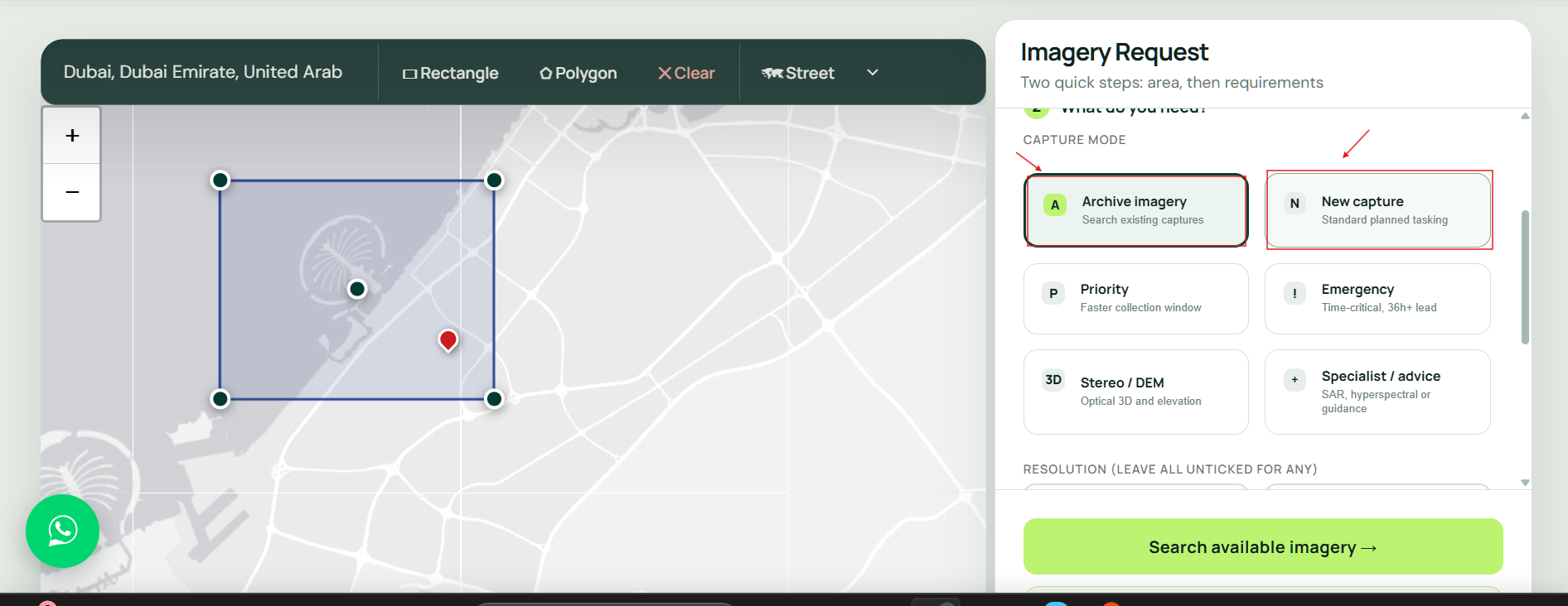 Imagery request panel with Archive imagery and New capture options to find the most recent satellite images
