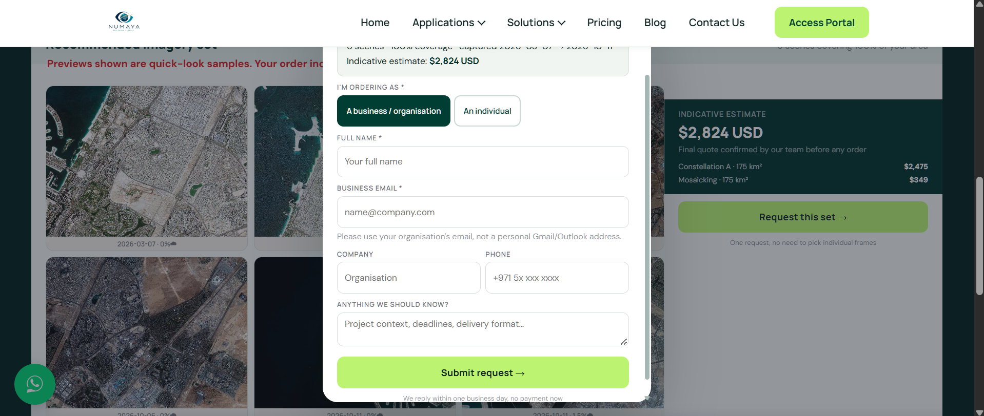 Request form in the satellite imagery portal to order the selected near real-time satellite images