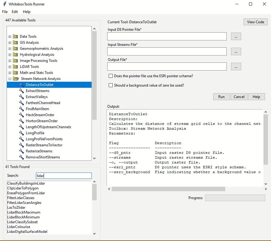 WhiteboxTools Runner interface listing hydrological, LiDAR and stream network analysis tools