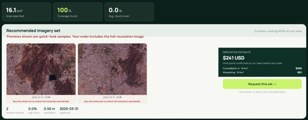 XRTech Group portal archive search result with 0.5 m satellite image previews, 100% coverage, 0% cloud and an instant indicative price in USD