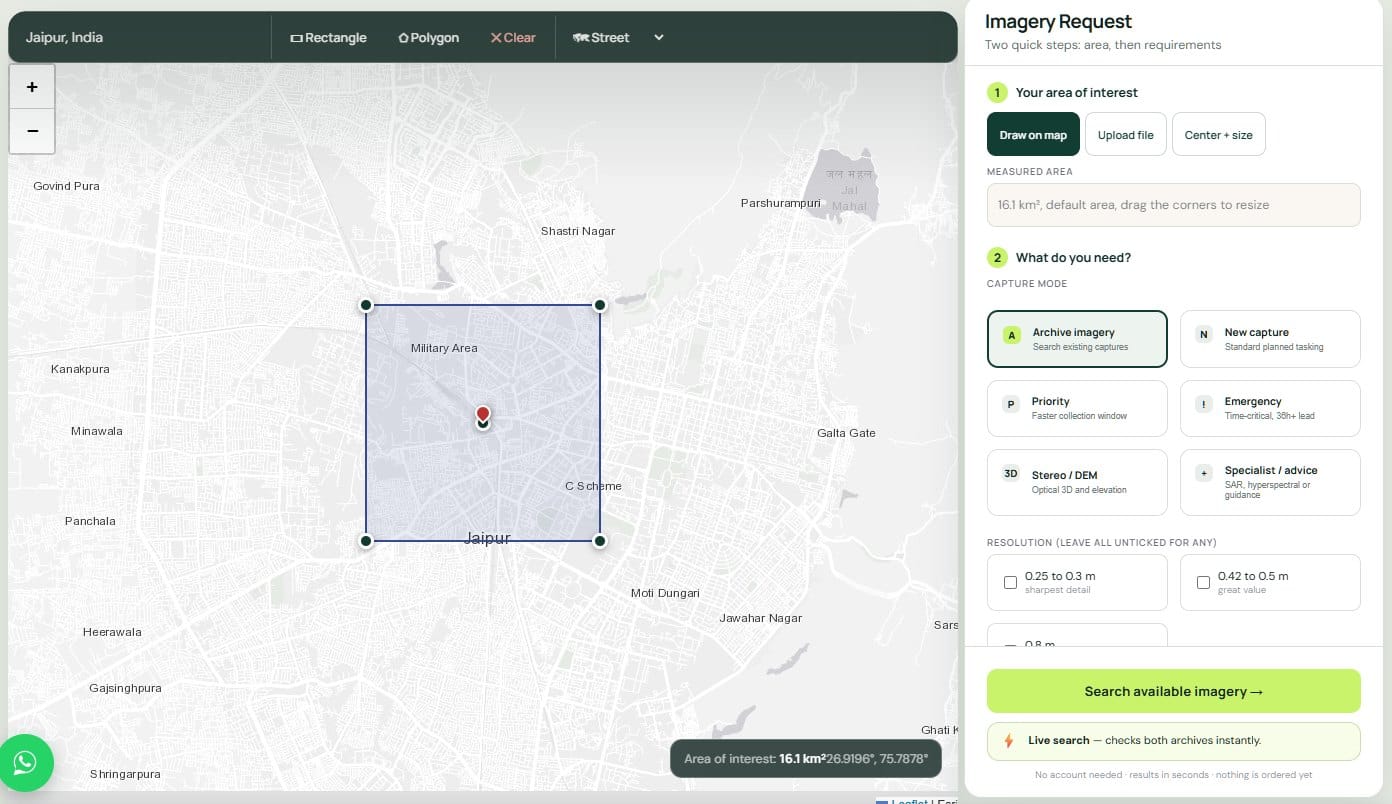 XRTech Group satellite imagery portal on buysatelliteimages.com showing an area of interest drawn on the map and capture modes for archive, new tasking, priority, emergency and stereo